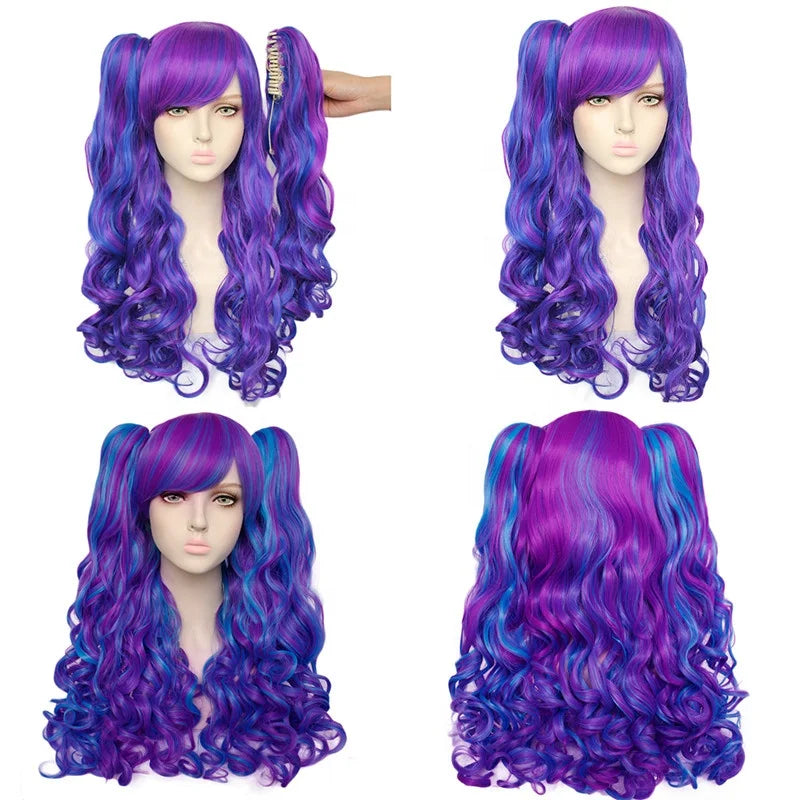 Wholesale 65cm Long Wave Anime Cosplay Wig Multi Colors Mixed Synthetic Heat Resistant Lolita Hair Wig With Two Ponytails