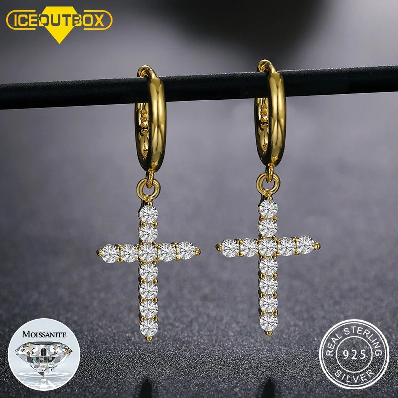 Woman Man Fashion Cross Hoop Earrings S925 Silver 14k 18k Gold Plated Yellow White Moissanite Diamond Gem Drop Earrings