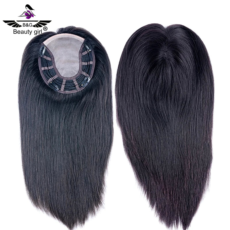 Qingdao Factory Hot Sale Soft Color 1B Malaysian Raw Human Hair Fake Scalp Silk Top Women's Topper Clip Hair Pieces