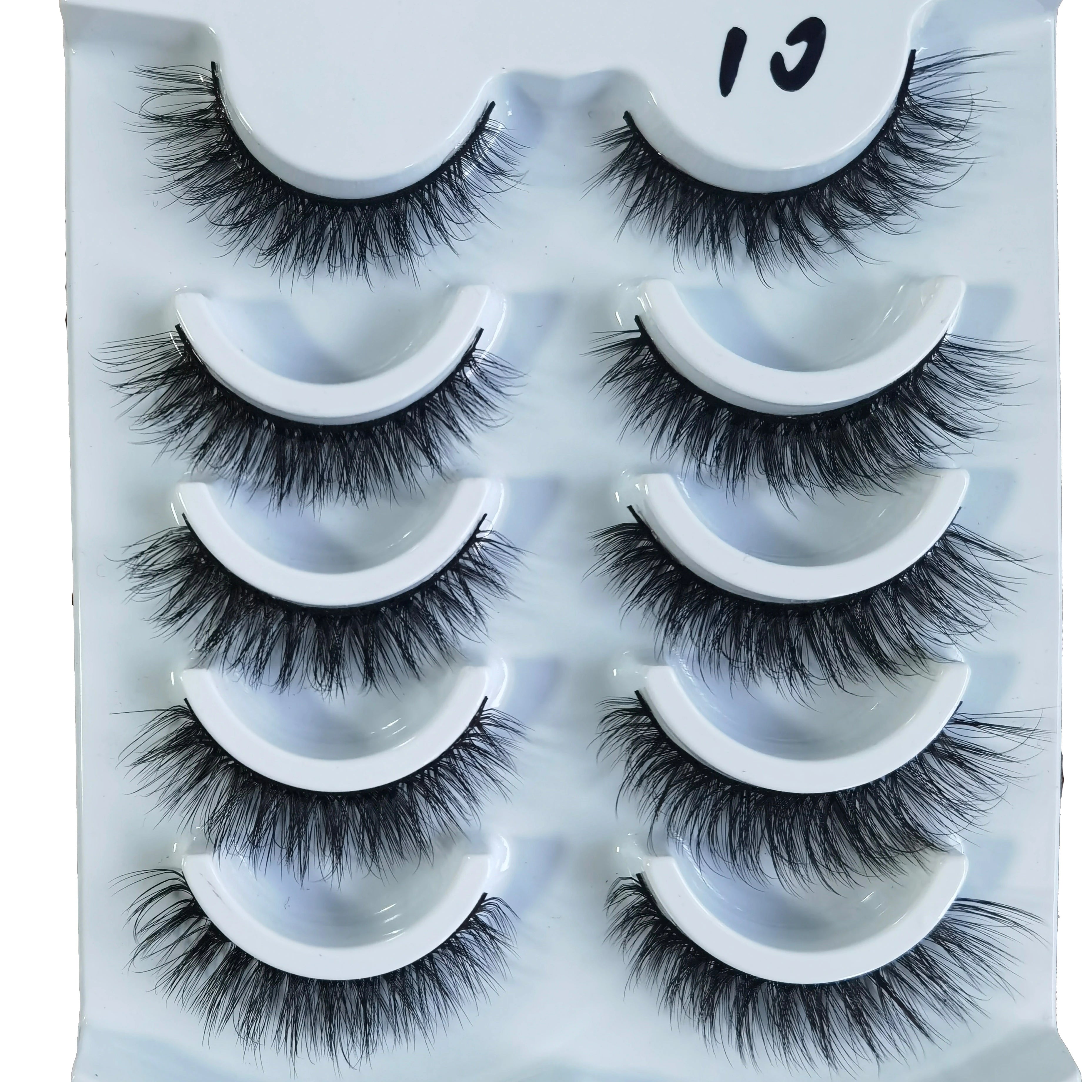 Private Label 5pairs 3D Faux Mink Thick Natural Soft Black Cotton Stalk False Strip Eyelashes