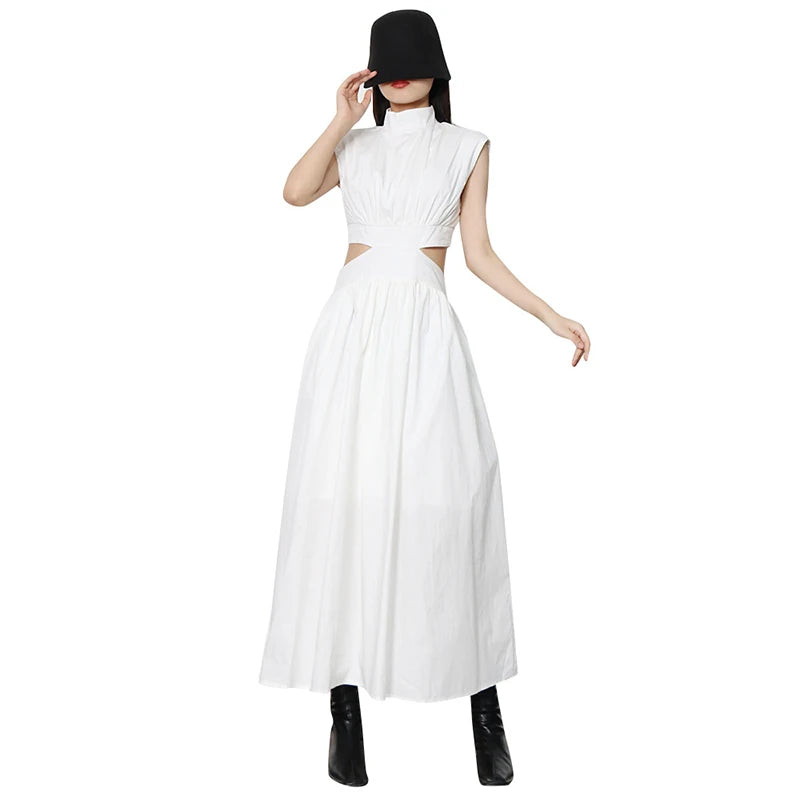 For TWOTWINSTYLE Wholesale Hot Style French Style Waist Wrapped Long Skirt New Design Sleeveless Midi Dress Sweet Solid Plain