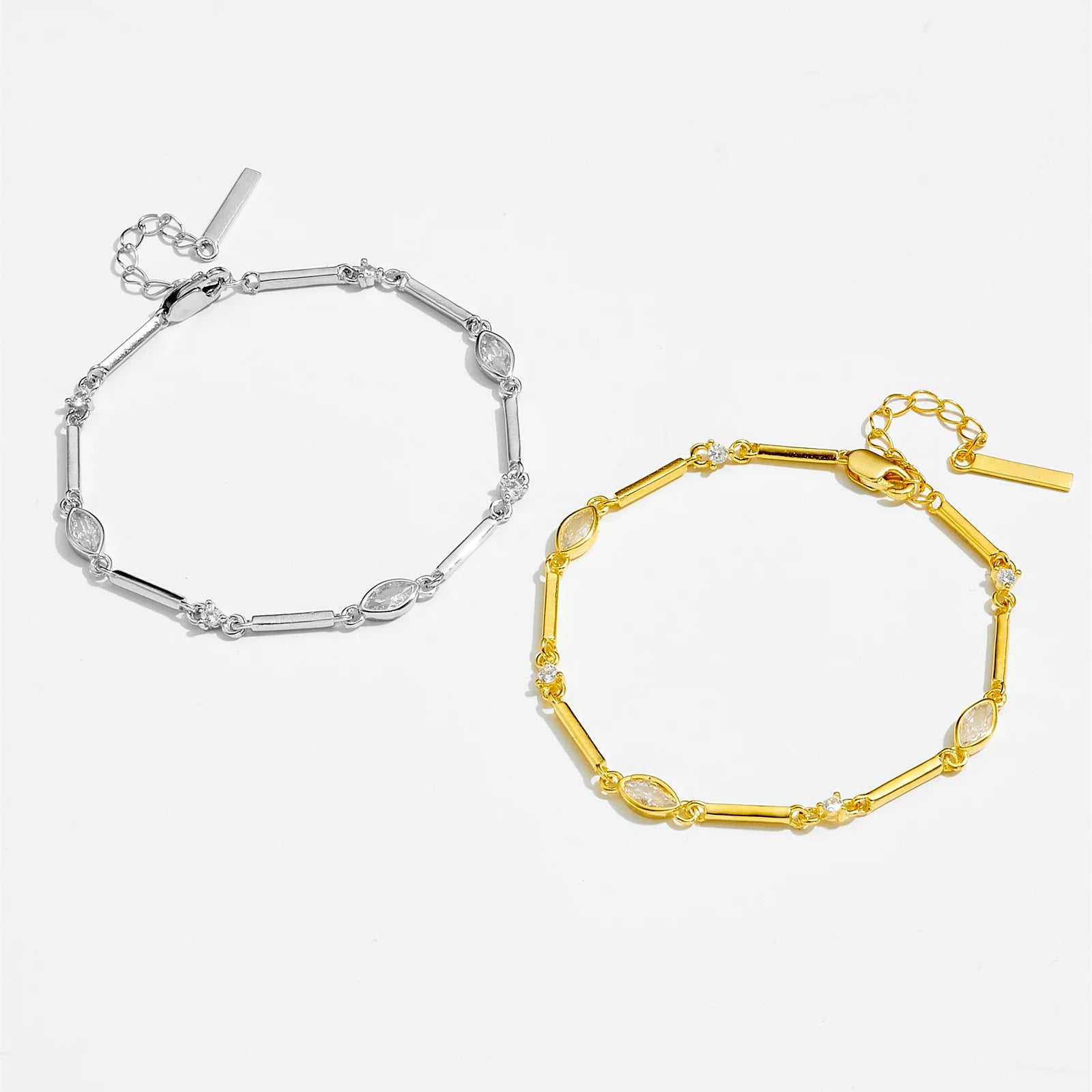FUAMAY Fine Brand Tennis Bracelet Cubic Zirconia Pear Shaped 925 Silver Bar Link Bracelet Rhodium & Gold Plated