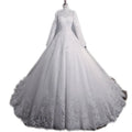 Modest Long Sleeve A-Line Bridal Wedding Gown O-Neck Lace Floral Print Embroidery Appliqued Sequins Plus Size Draped Flowers