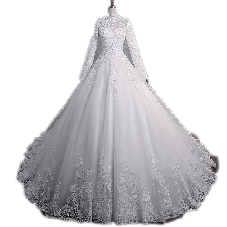 Modest Long Sleeve A-Line Bridal Wedding Gown O-Neck Lace Floral Print Embroidery Appliqued Sequins Plus Size Draped Flowers
