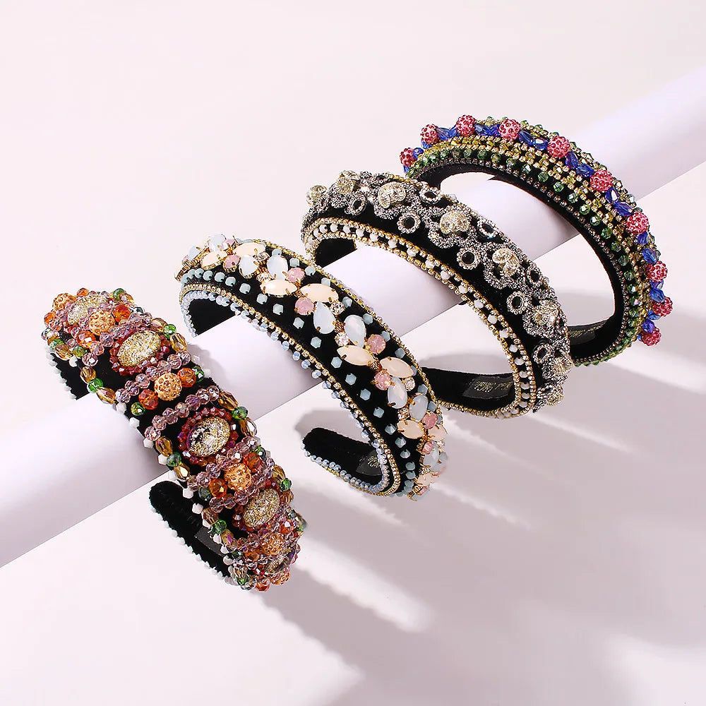 HOVANCI Luxury Fancy Coloured Diamond Headband Vintage Baroque Velvet Puff Sponge Exquisite Beaded Rhinestone Crystal Headband