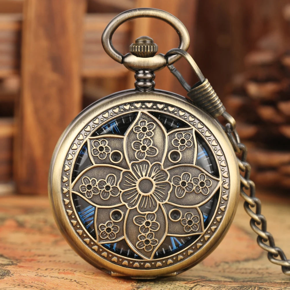 Luxury Flower Mandala Skeleton Hand Wind Mechanical Pocket Watch Full Hunter Steampunk Locket Watch Pendant With Fob Chain