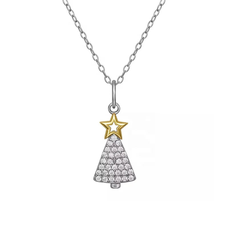 Custom 925 Sterling Silver Christmas Fashion Fine Jewelry Necklace Pave Zircon Christmas Tree Pendant Necklaces for Women