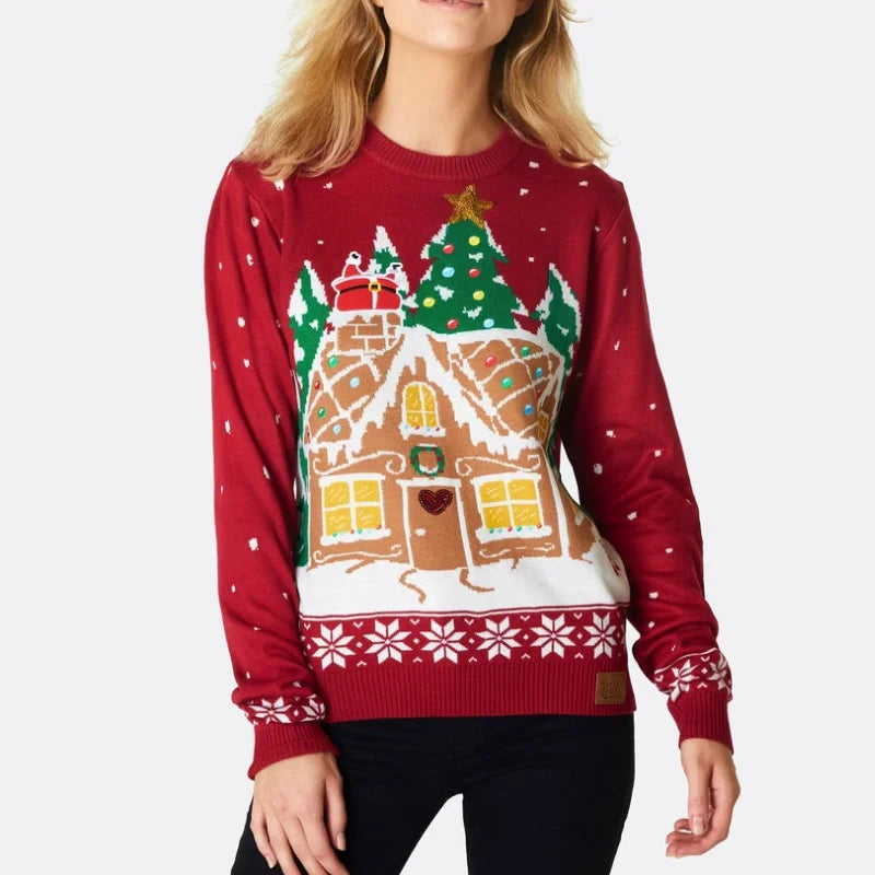 Custom Casual Pullover Winter Fun Holidays Long Sleeve Jacquard Sweaters Couples Gingerbread House Women's Christmas Front Logo