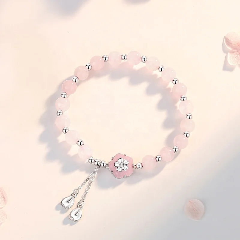 925 Silver Trendy Obsidian Cherry Blossom Beaded Handmade Couple Bracelet for Parties and Weddings