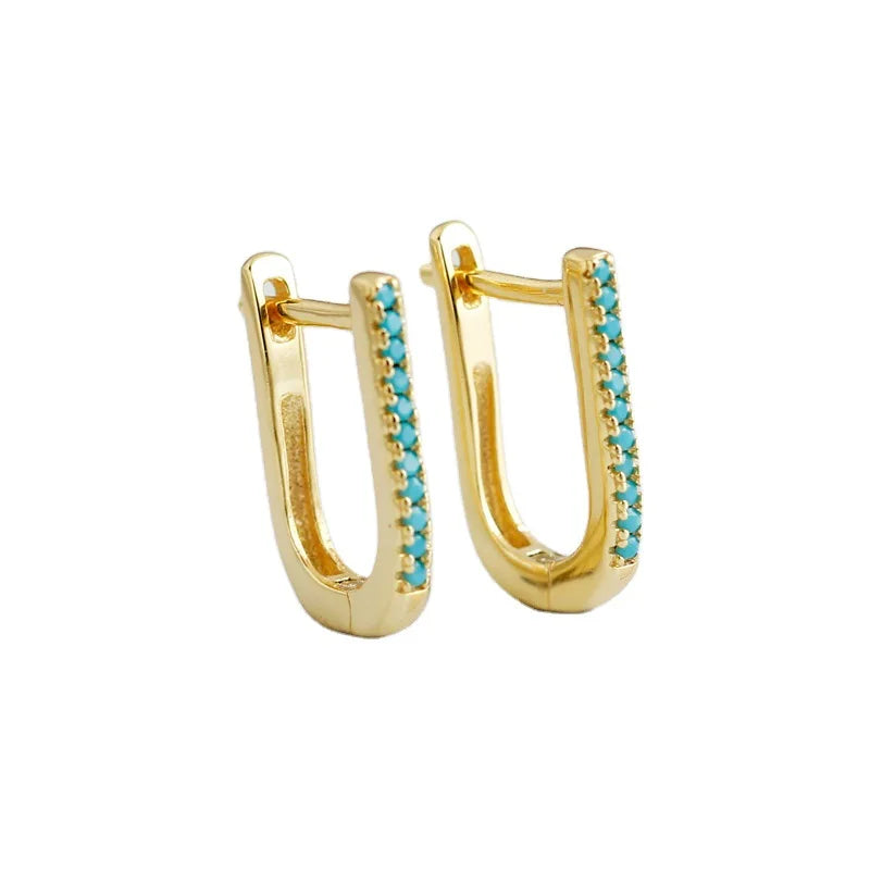 Women Fine Jewelry S925 Sterling Silver Hoop Earrings U Shape Light Luxury Charm Fashion Blue Turquoise Earrings