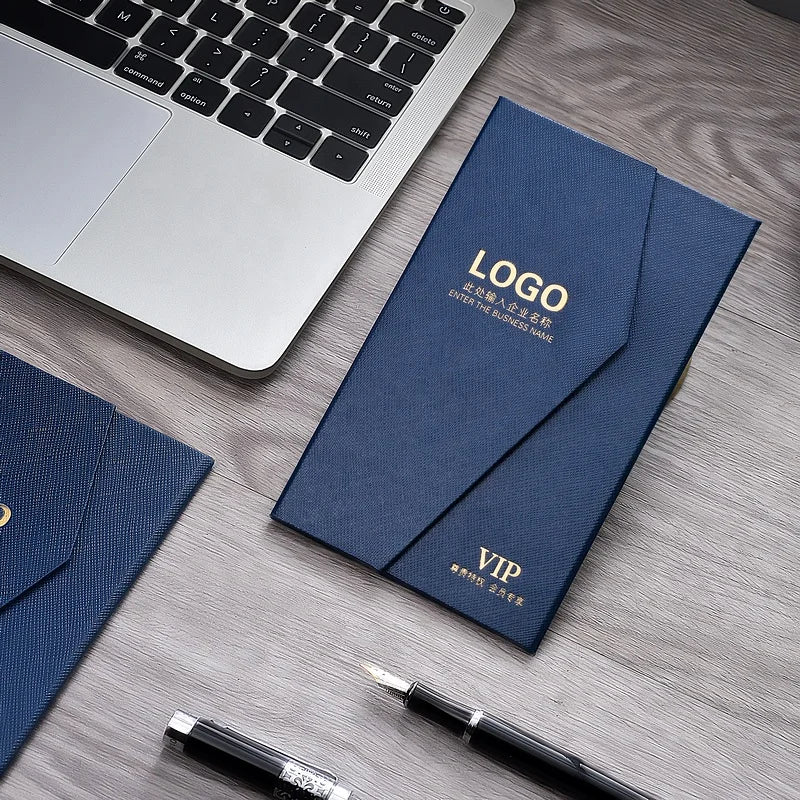 Luxury Personalized Blue Texture Gift Cardboard Paper Box with Embossed Gold Logo for Business Credit Club Cards