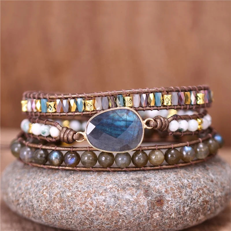 Unique Multilayers Labradorite Wrap Bracelet Bling Leather Strands Teengirls Beads Bracelet Bohemian Jewelry Bijoux Dropshipping
