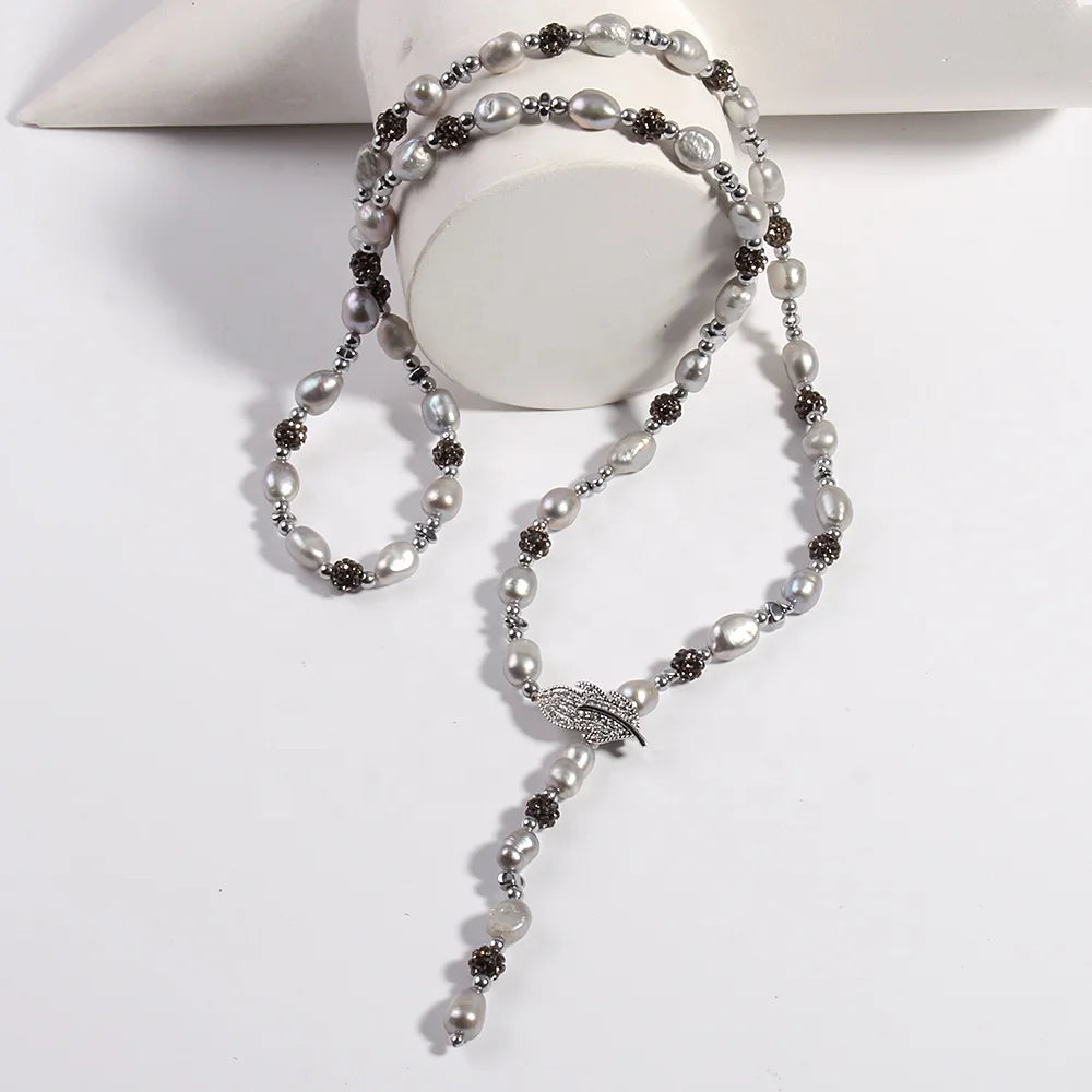 Women  Irregular Gray Pearl Rhinestone Pave Ball Necklace Copper Zircon Leaf Button Adjustable Baroque Freshwater Pearl Necklace