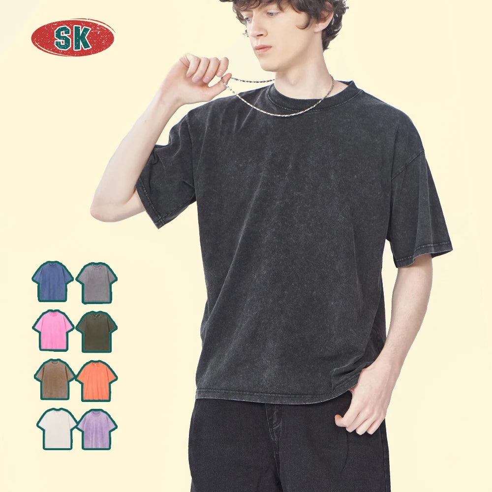 Custom Casual Fashion Raw Hem Screen Print Roundneck Hip Hop Tshirt Y2k 3d Print Washed Oversized Boxy Cropped T Shirt Men