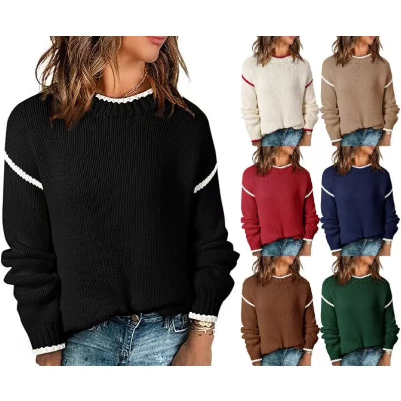 Wholesale Custom Women's Crew Neck Casual Sweater with Regular Sleeve Spring Fashion Stripe Acrylic Design