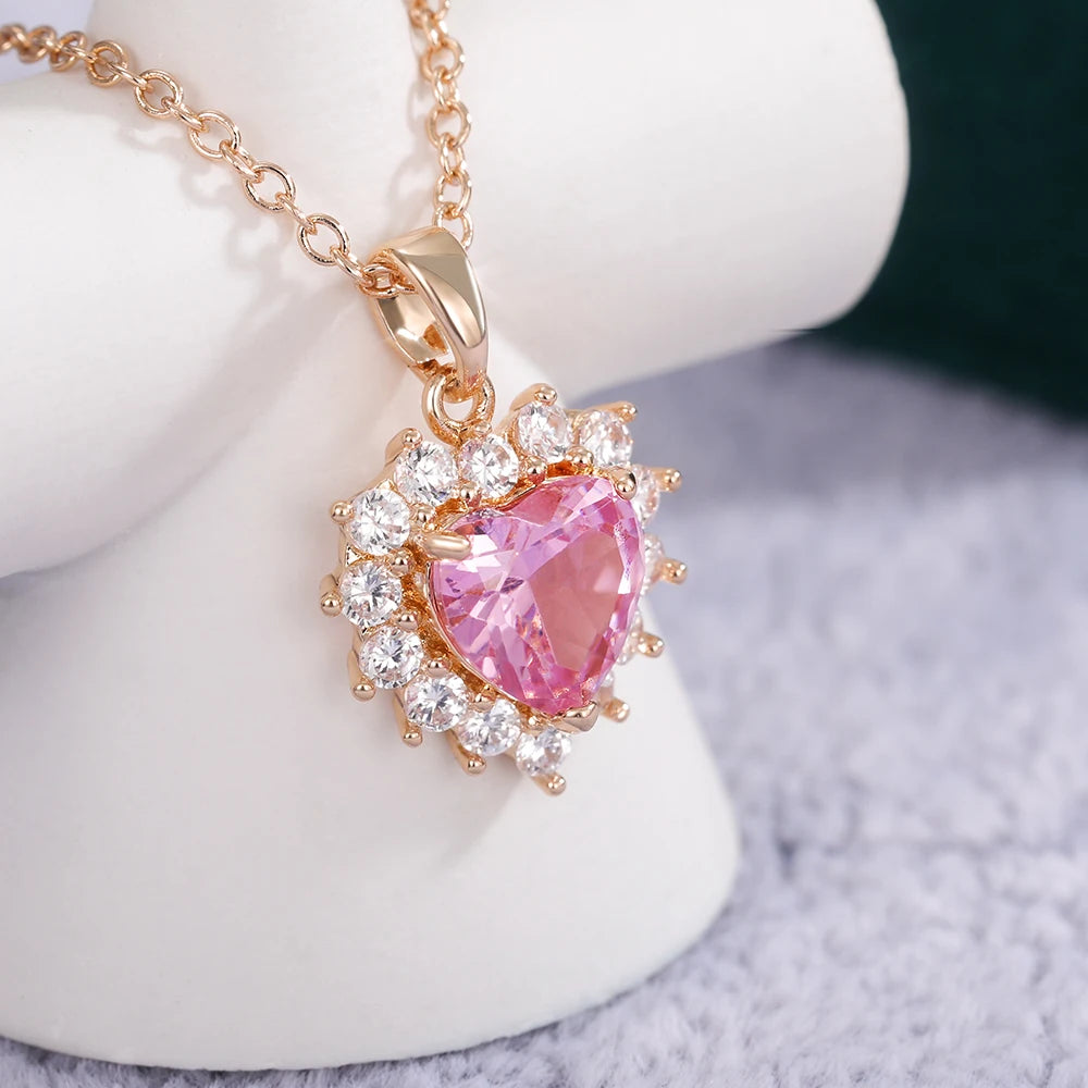 Huitan Pink Diamond Heart Flower Pendant Necklace Women Lady Crystal Pure Rose Gold CZ Sweet Heart Necklaces