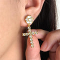 Hip Hop Gold Plated Cross Dangle Earrings Women Men Bling Iced Out Cubic Zirconia CZ Cross Pendant Earrings for Gift MegaBDM