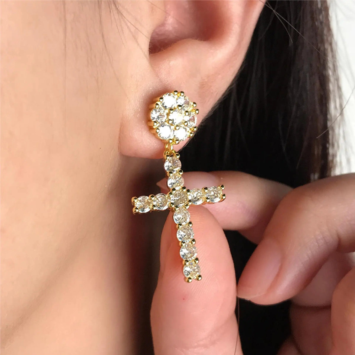 Hip Hop Gold Plated Cross Dangle Earrings Women Men Bling Iced Out Cubic Zirconia CZ Cross Pendant Earrings for Gift MegaBDM