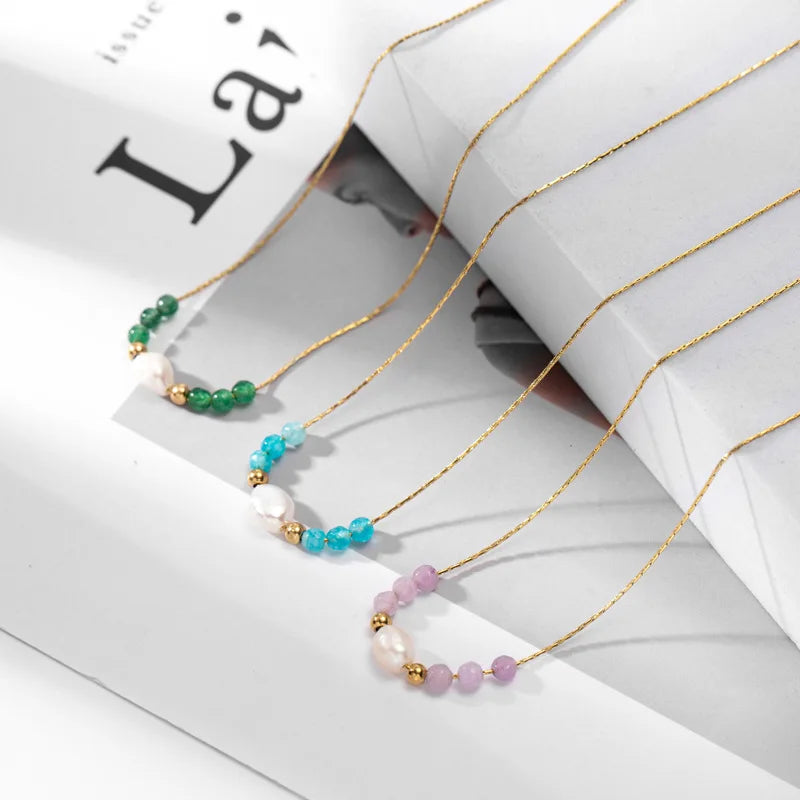 2022 Summer Fashion New Stainless Steel 14K Gold Texture Light Luxury Multicolor Natural Stone Wear Freshwater Pearl Necklace