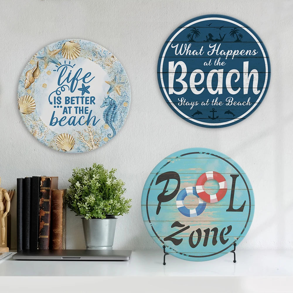Putuo Decor Hot Sale 30cm Round Shape Vintage Metal Tin Sign Retro Hanging Wall Beach Pool Seaside Decor
