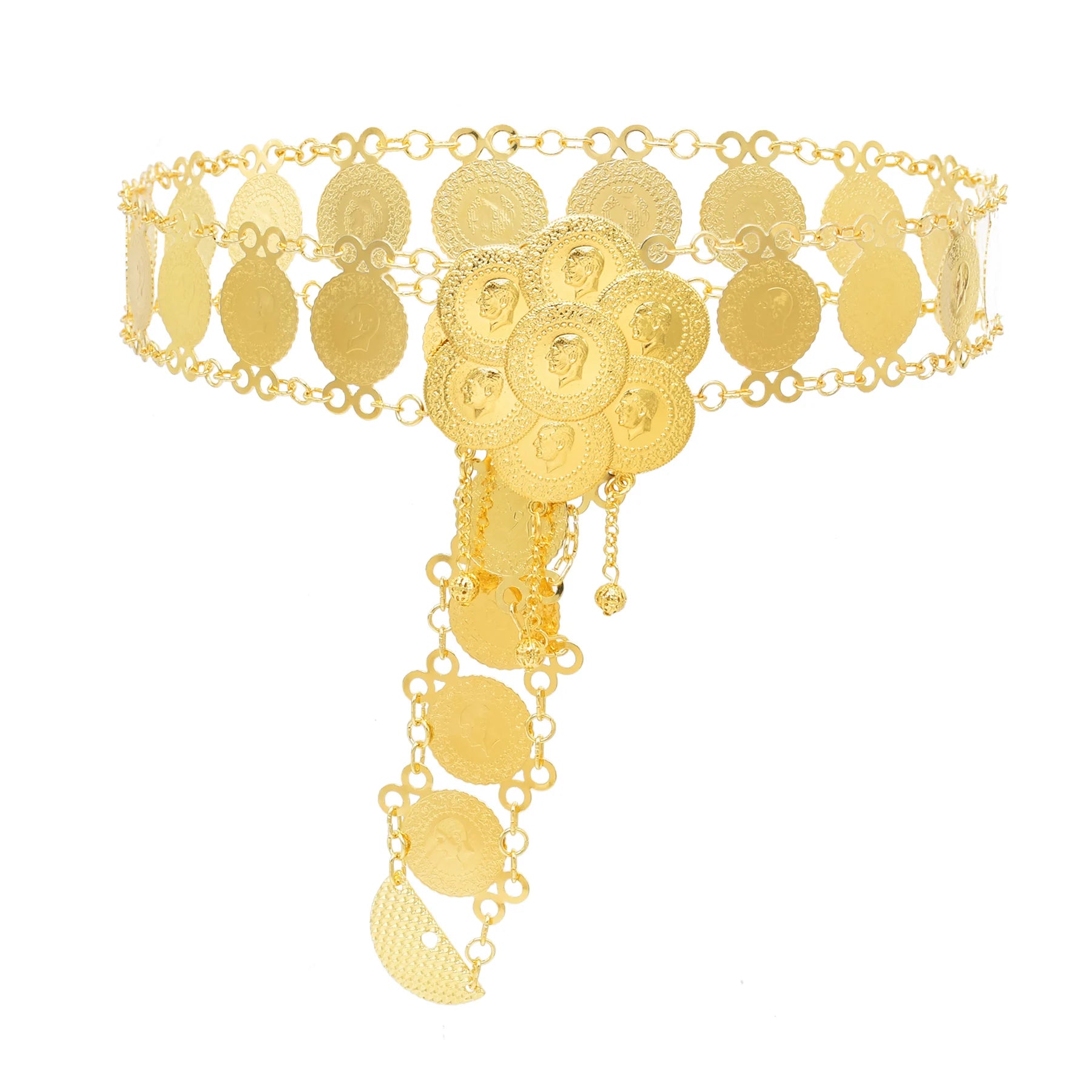 Ethnic Style Gold Coin Flower Waist Chain Belt Adjustable Wide Central Asia Turkiye Dress Closure Accessory Alloy for Party