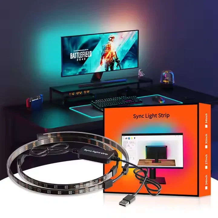 Smart Control 5050RGB Gaming Backlight USB LED Light Strip Syncing with Music TV/Pc Background Ambient Light for 24/34 Inch PCs