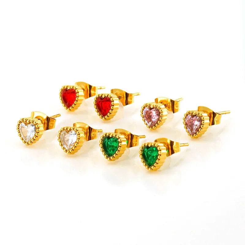 Hot Selling 18K Gold Plated Stainless Steel Inlaid Diamond Colorful Heart Zircon Stud Earrings for Women