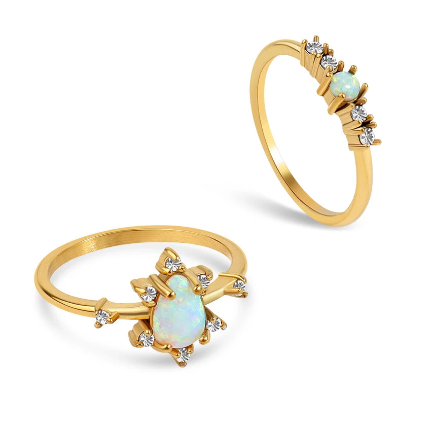 Minos 2023 Fashion Opal Rings for Women Stainless Steel 18k Gold Plated Vintage 2 Types Stone Rings Waterproof Crown Opal Ring