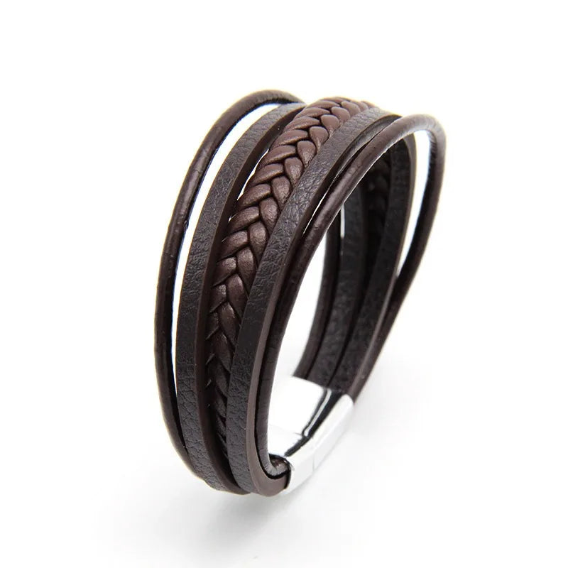SC Fashion Men Leather Bracelet Classic Handmade Leather Woven Bracelet Wrist Band Layered Magnetic Metal Lock Leather Bracelet