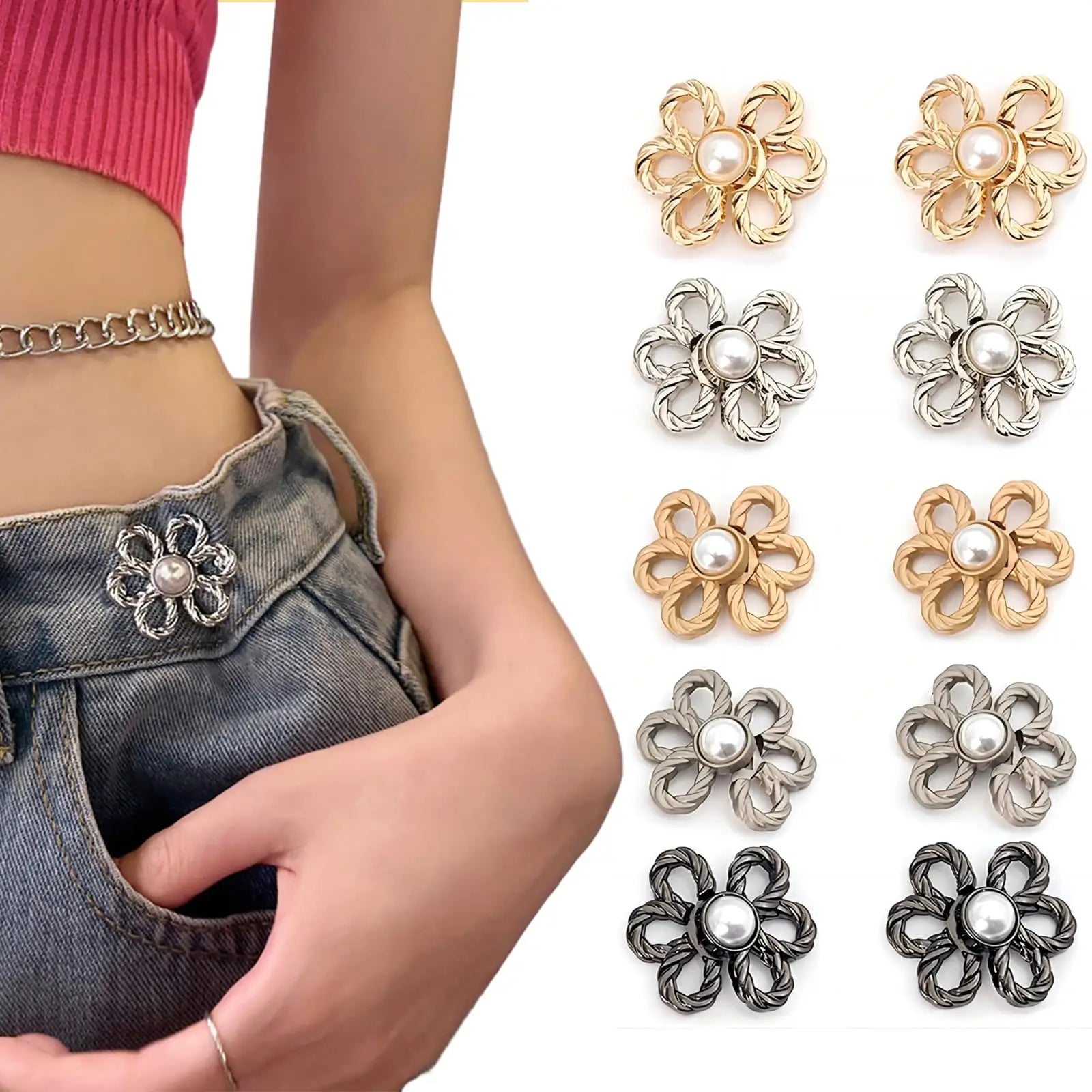 Jeans Buttons and Rivets DIY Pants Clip Waist Tightener Buttons DIY Sewing Adjustable Waist Buckle Fashion Faux Pearl Flower