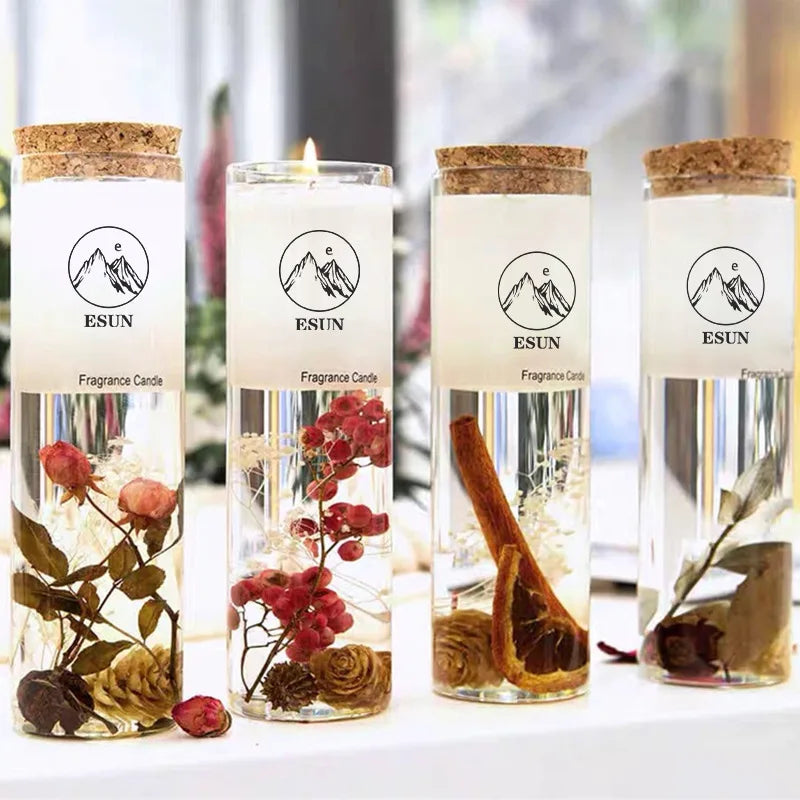 Handmade Modern Scented Soy Wax Candles with Cork Lids Bulk Wholesale Jelly Gel Wax Dried Flower Decoration for Home Decor