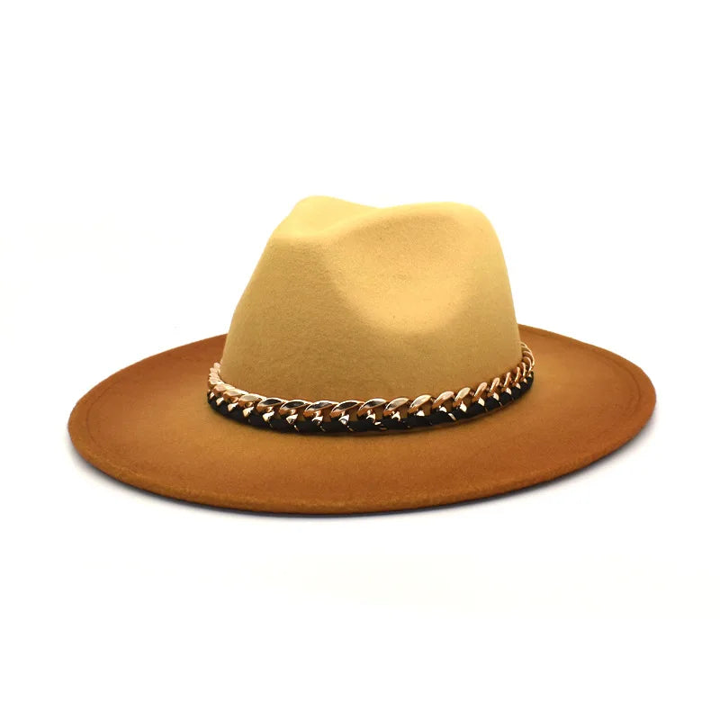 2023 England Style Men's Felt Jazz Fedora Hats with Wide Brim and Metal Chain Ladies & Couples' Church Party Fishing Attire