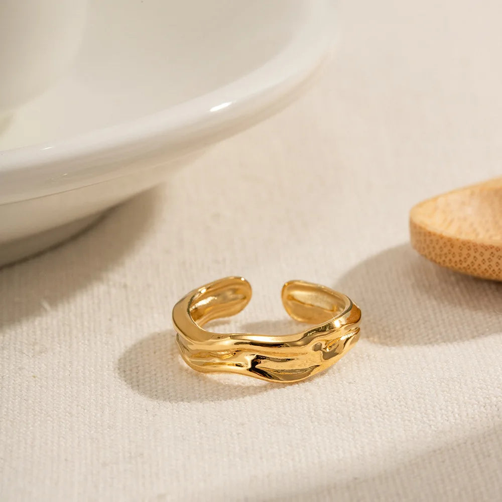 Hot Sale Romantic 18K Gold Plated Stainless Steel Irregular Wide Open Ring for Wedding & Party