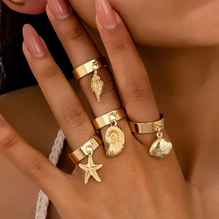 Handmade Ocean Shell Series Starfish Conch Ring Set for Women Girls Personality Holiday Party Gift Geometric Fashion Jewelry