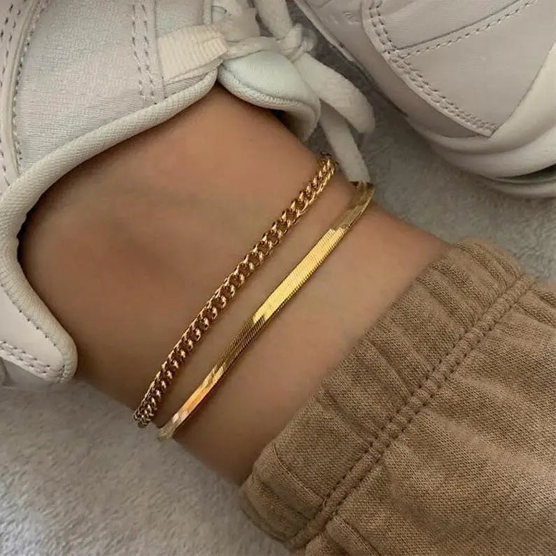 Women's Minimalist Vintage Gold Plated Stainless Steel Body Jewelry Snake Bone Chain Anklet and Herringbone Herringbone Anklet