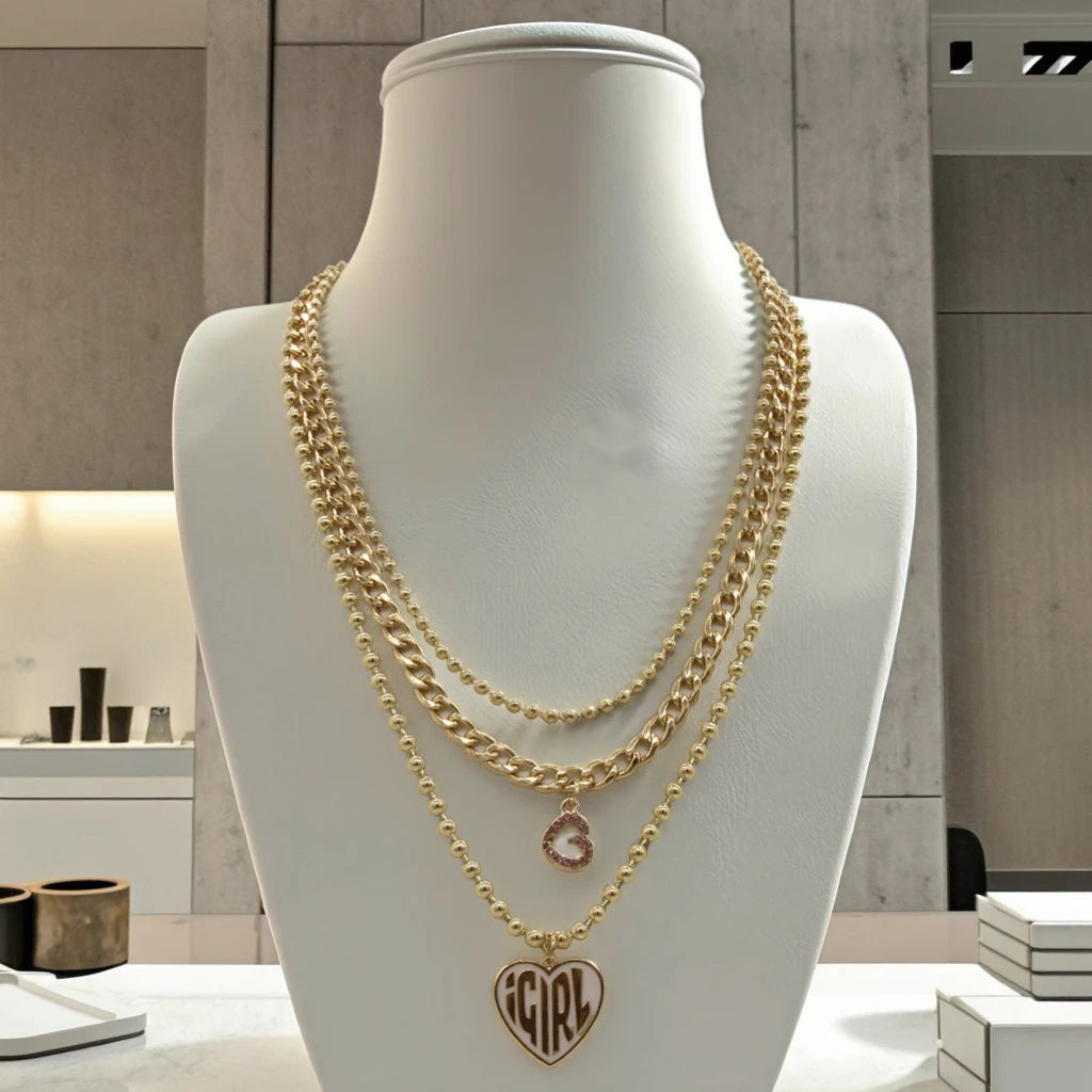 Trending Jewelry Alloy Layered Beaded CCB Chain Rhinestone Epoxy Letter Heart Pendant Gold Plated Necklace for Women