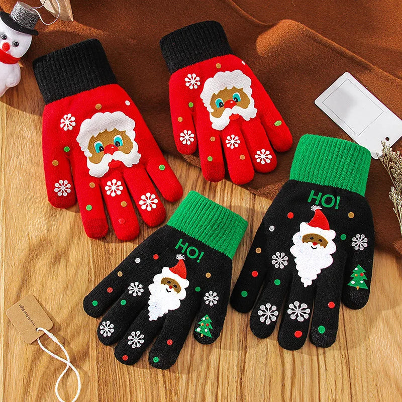 Fashion Winter Touch Screen Santa Pattern Yarn Knitting Student Mobile Phone Gloves  Outdoor Warm Gloves  for Kids Women Men