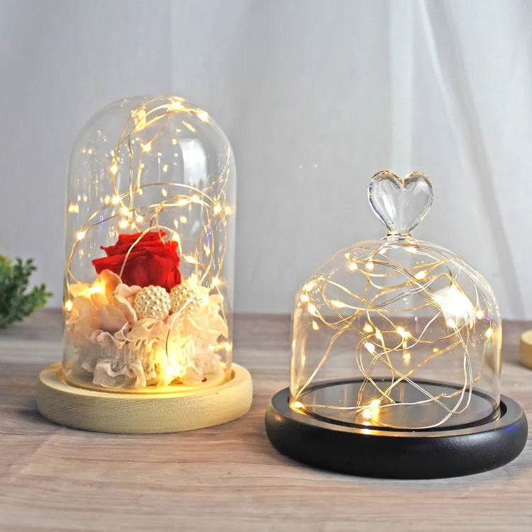 Wholesale Custom Hot Selling LED Hand Blown Roses Flower Glowing Bell Jars Glass Domes with Wood Base