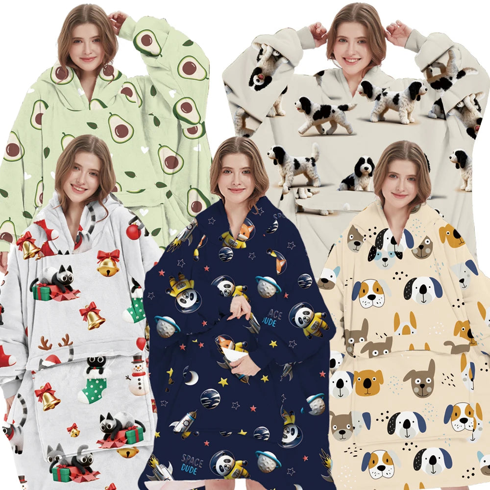 Custom Oversized Printed Adult Wearable Hooded Sherpa Blanket Eco-Friendly Anti-Pilling 100% Polyester Fabric Christmas Design