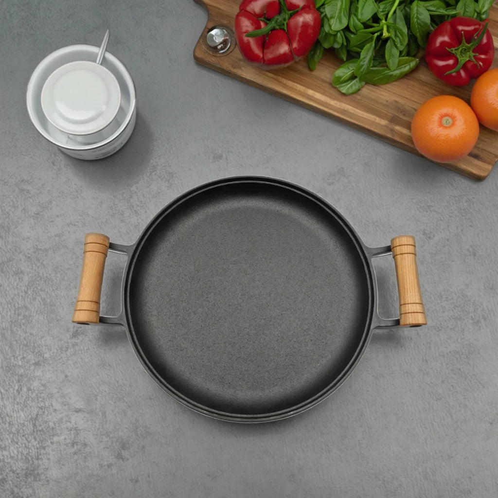 Factory Wholesale High Quality Cast Iron Pancake Pan Non Stick Can Be Used for Home Kitchen Use Double Ear Wooden Handle Pan