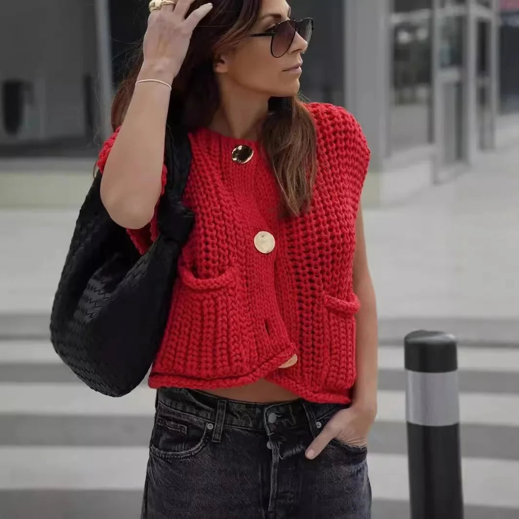 OEM & ODM Women's Casual Sleeveless Vest Crochet Knit Fashion Vintage Cardigan with Button & Pocket for Spring