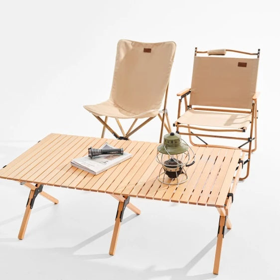 Wholesale Picnic Foldable Wooden Camping Portable Folding Round Egg Roll Solid Wood Outdoor Table CNLF