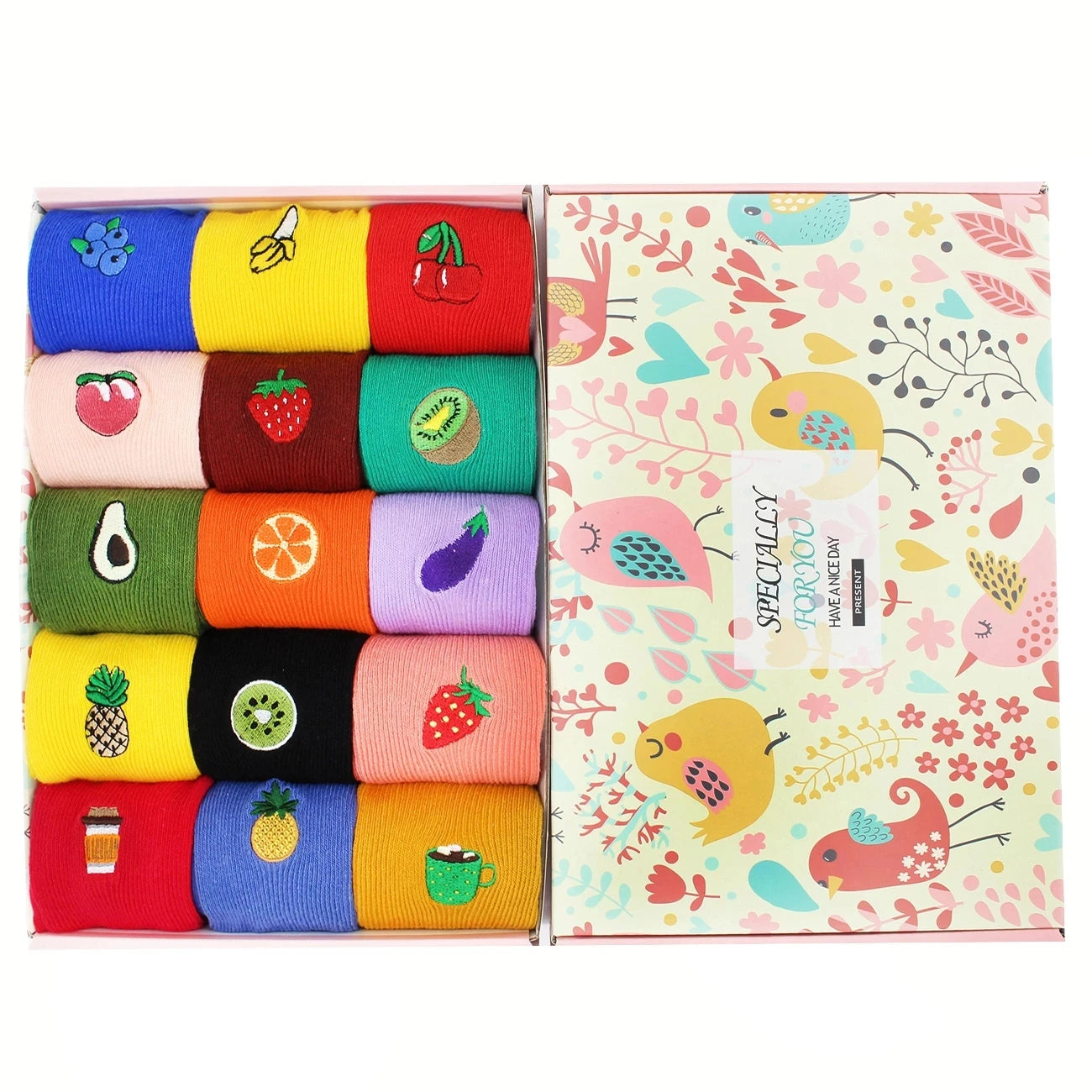 Wholesale Fancy Colorful Custom logo Embroidery Fruits Cotton Women Socks With Gift Box