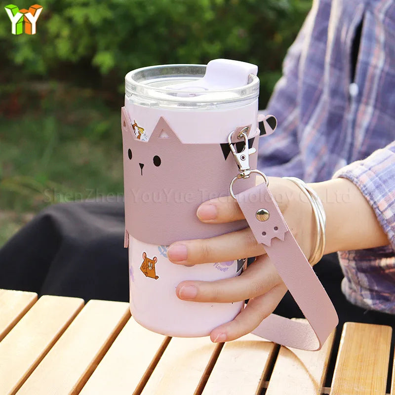 YY RTS Small Environmentally Friendly Leather Cup Holder Stocked Cat Coffee Beverage Holder with Protective Bag