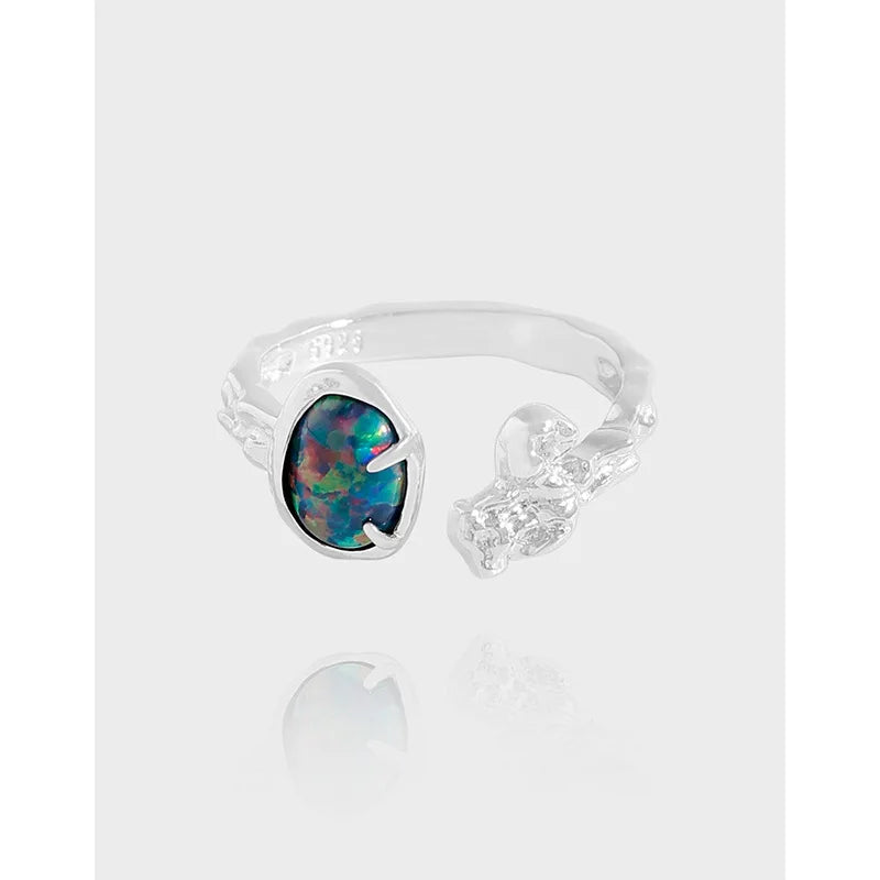 Fashion Irregular 925 Sterling Silver Blue Fire Opal Open Finger Rings for Girls Fine Jewelry
