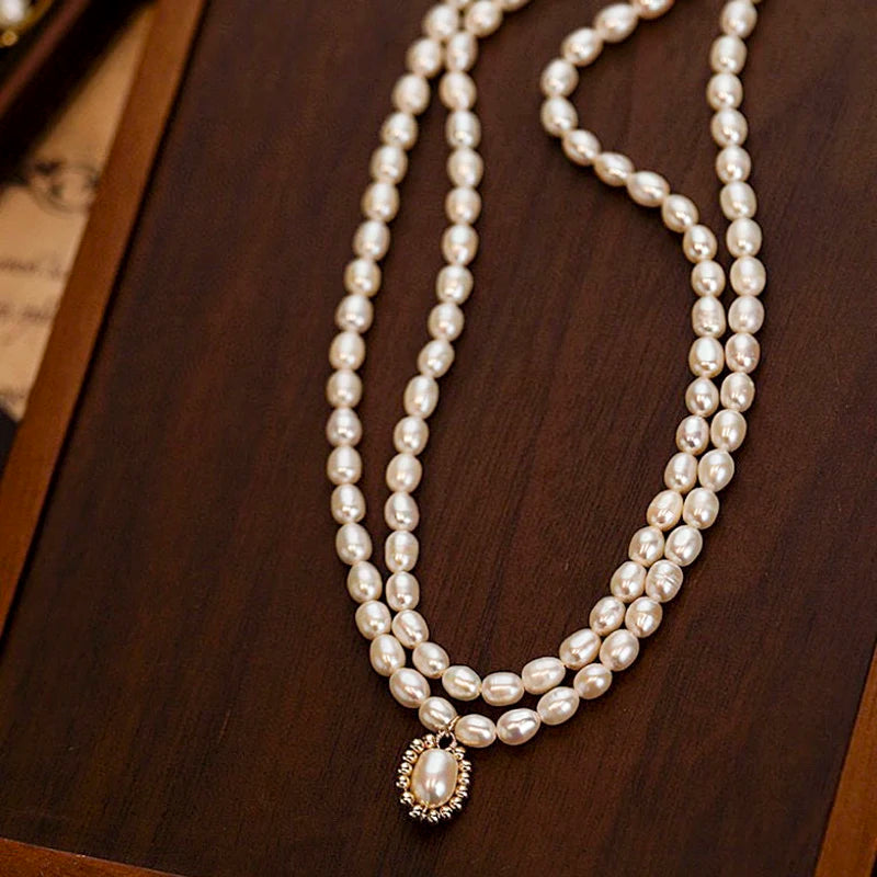 18K Gold Copper-Plated Natural Freshwater Drop Pearl Pendant Choker Double-Layered Wear Design Small Rice Necklace Anniversary