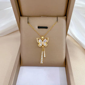 Trendy 18K Gold Plated Butterfly Pendant Necklace Stainless Steel Zircon Crystal Tassel Butterfly Necklaces for Women Girls