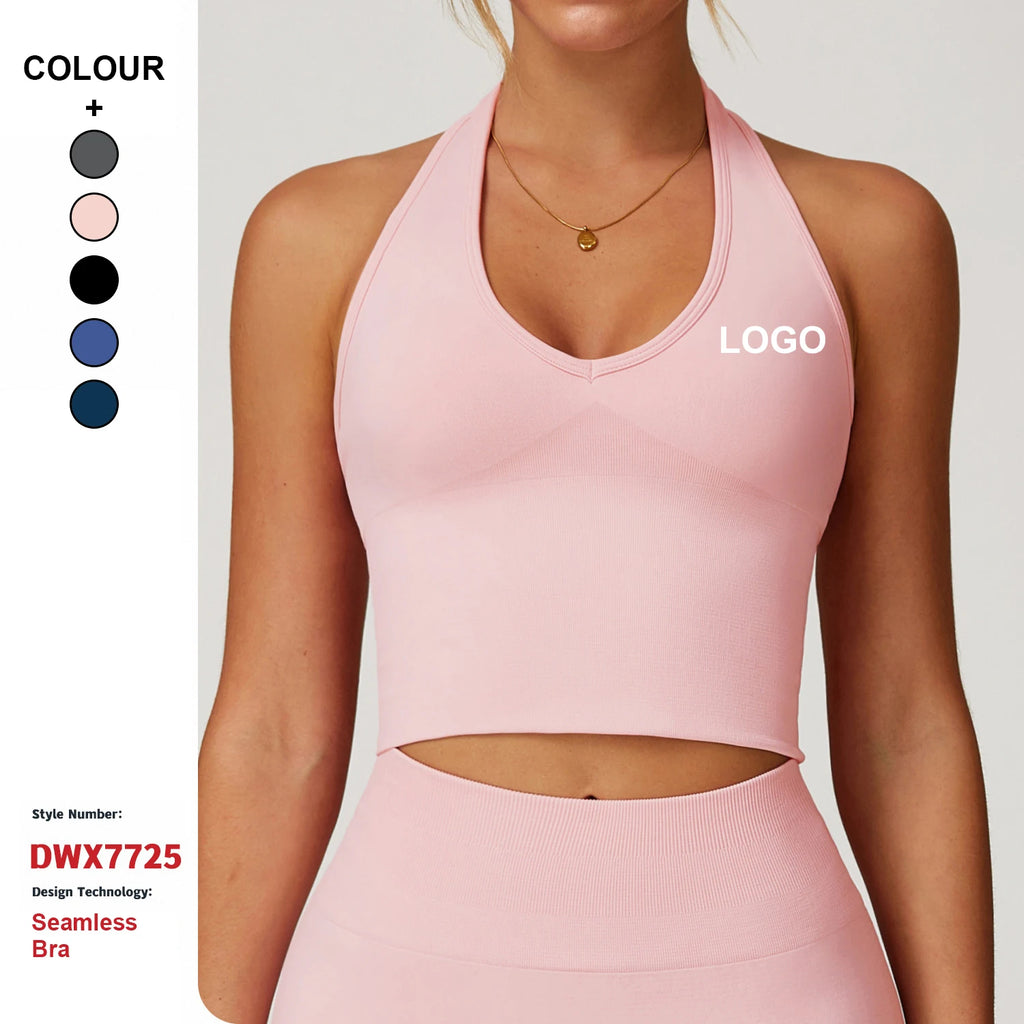 Custom High Quality Breathable Halter Neck Yoga Bra With Beautiful Back Seamless Sports Vest Women Summer Shockproof Fitness Top