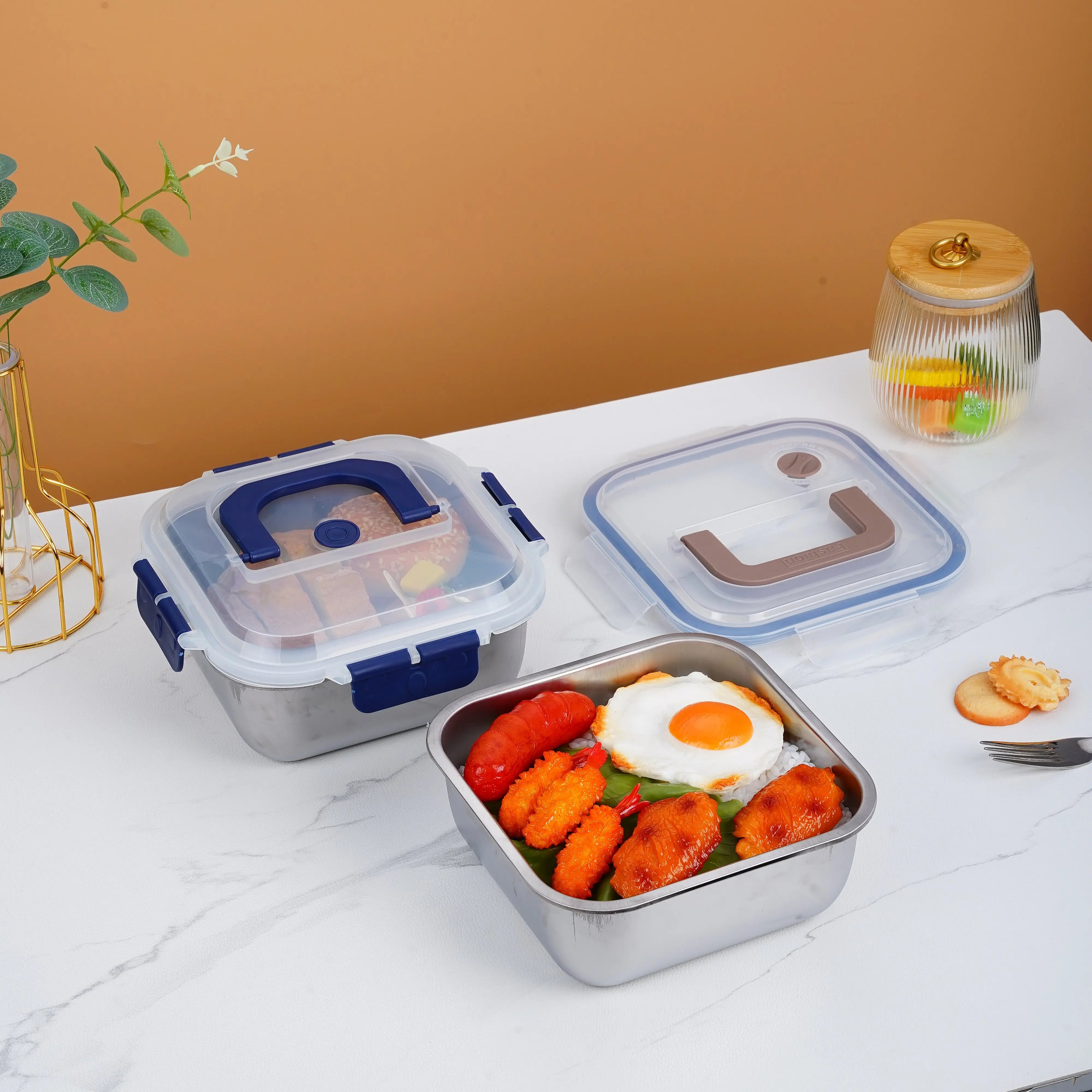 Portable 304 Stainless Steel Food Lunch Box Food Storage Container Bento Box Fresh-keeping Box with Silicone Sealing Plastic Lid