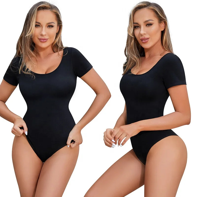 Short Sleeve Bodysuit for Women Scoop Neck Thong Jumpsuit Tops